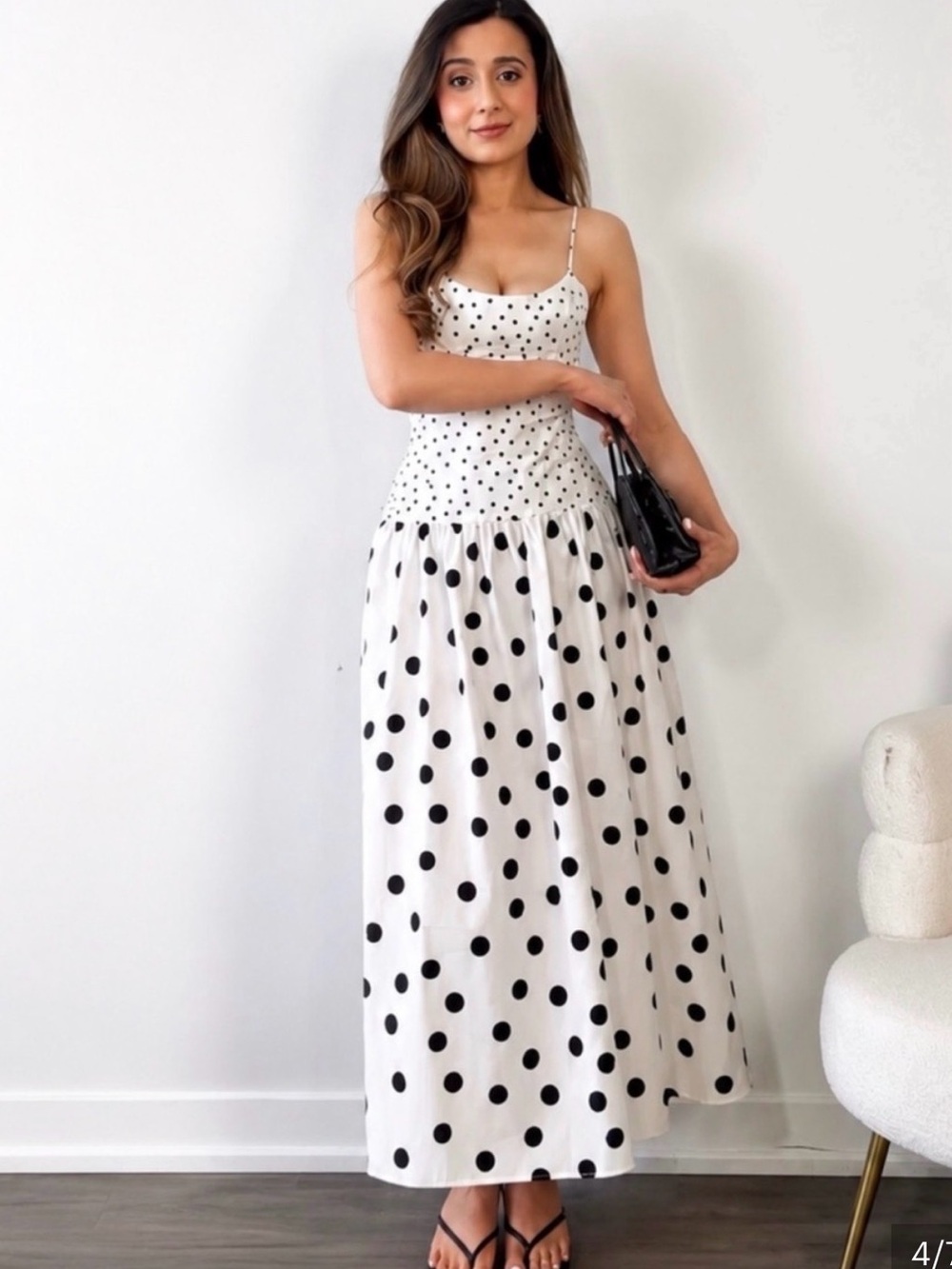 NWT Zara White Ecru Black Midi Strappy Dress Polka Dots Size Small - Picture 4 of 7